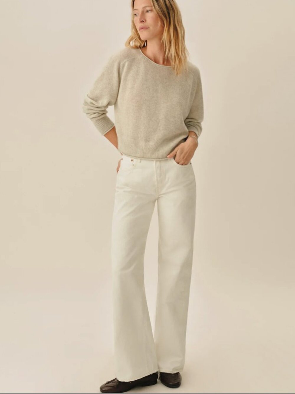 Buck Mason Jet Set Wide Leg High-Rise Jeans in Natural/White Size 31